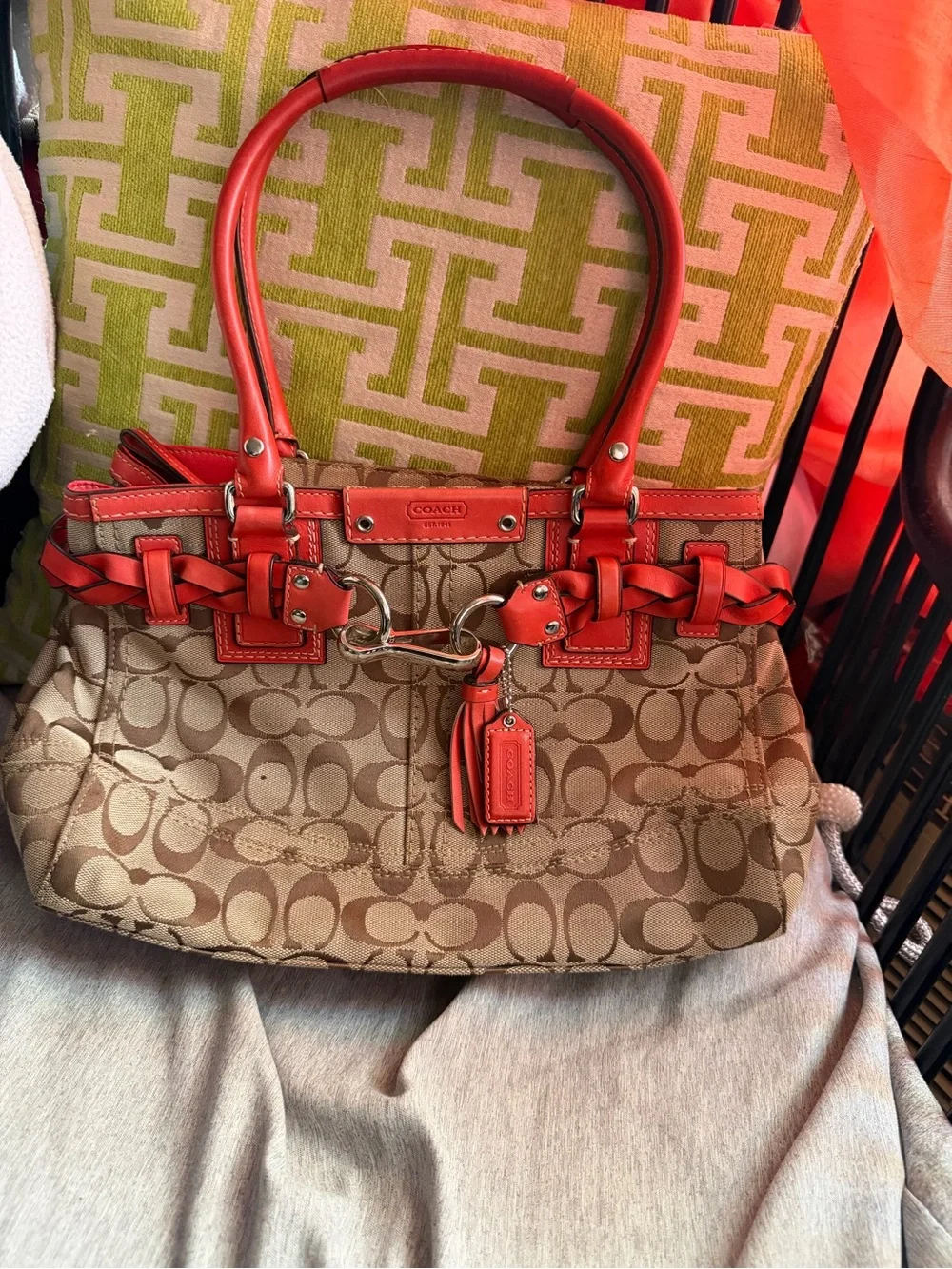 Coach Beige Signature Canvas Shoulder Bag with Coral-Red Leather Trim